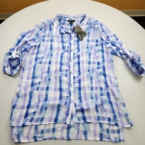 Womens Thesis Top Button Up Shirt Lightweight Plaid Roll-Tab Sleeves Size L NWT